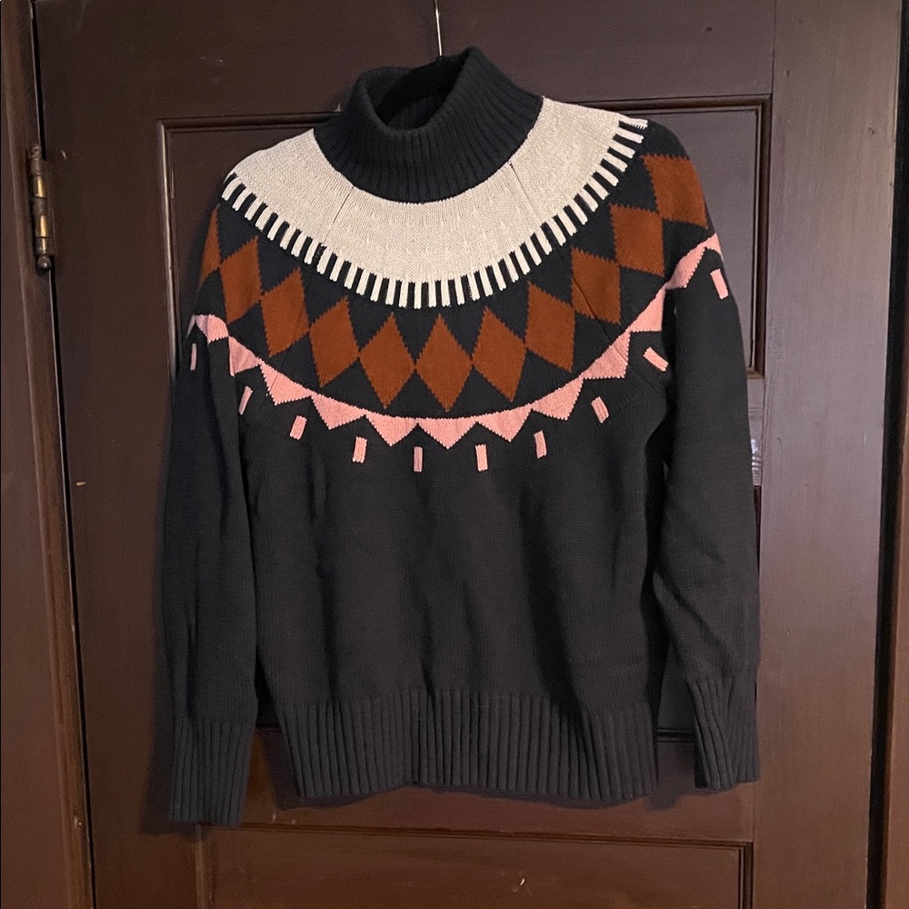 Free Assembly Geometric Patterned Navy Blue Cotton Wool Blend Sweater